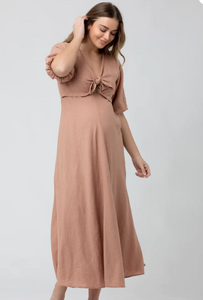 Camille Front Tie Linen Dress | Clay